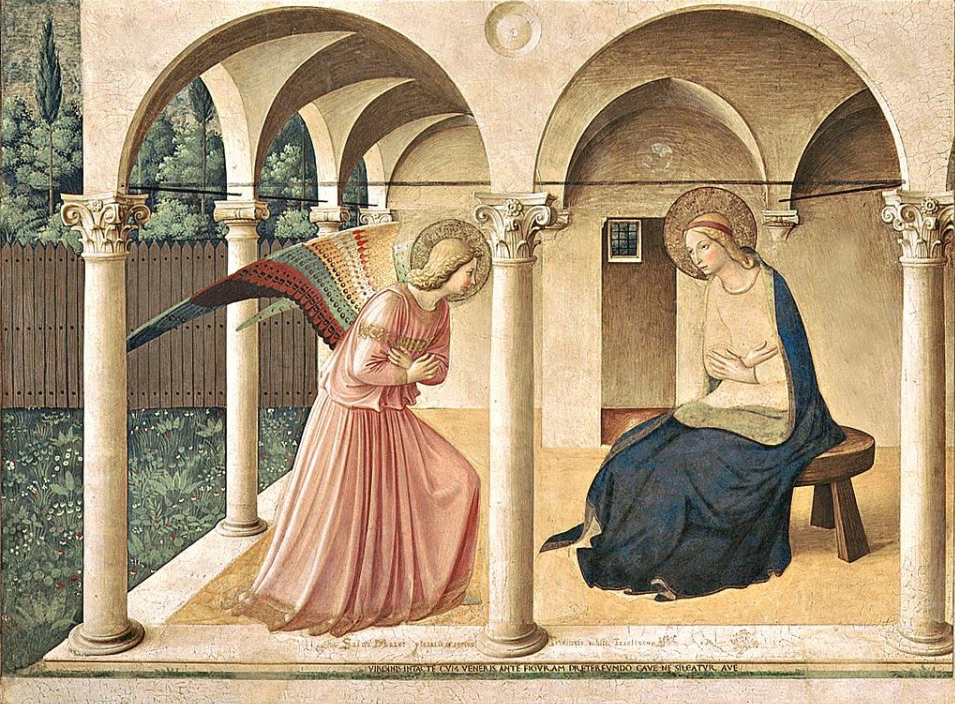 Fra Angelico's Annunciation fresco showing Gabriel delivering a message to Mary